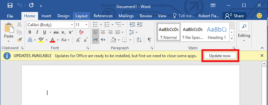 Screenshot of Microsoft Word with Update Now banner displayed