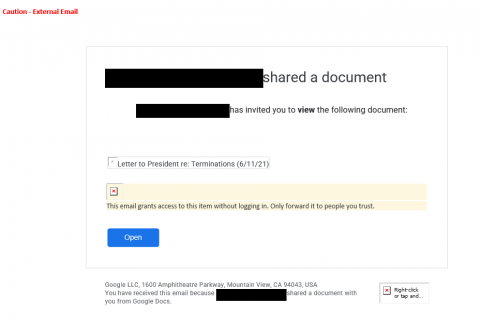 screenshot of phishing email